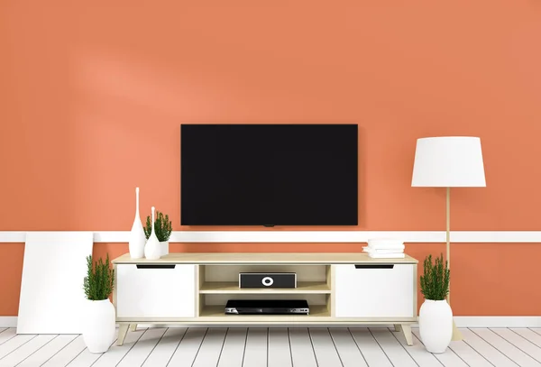 Mueble de TV en habitación moderna naranja, diseños mínimos, estilo zen. 3d — Foto de Stock