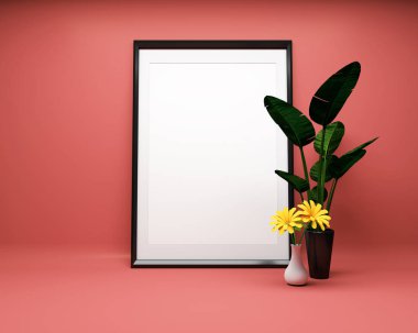 Bitki Mock ile kırmızı arka plan üzerinde beyaz resim çerçevesi. 3d ren