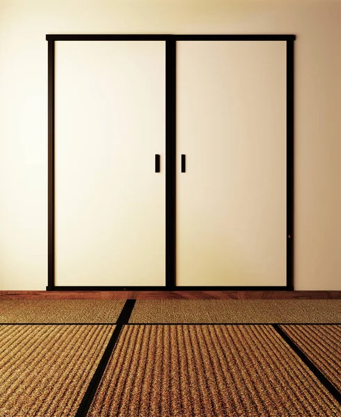 门和榻榻米垫在墙上空背景日本风格。三维 — 图库照片