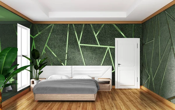 Interiér podkrovní ložnice se zeleným betonovým pozadím, mi — Stock fotografie
