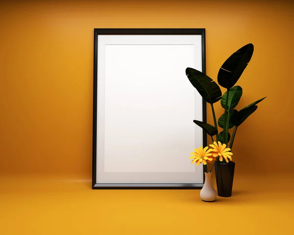 Moldura de imagem branca no fundo laranja com planta Mock up. 3D — Fotografia de Stock