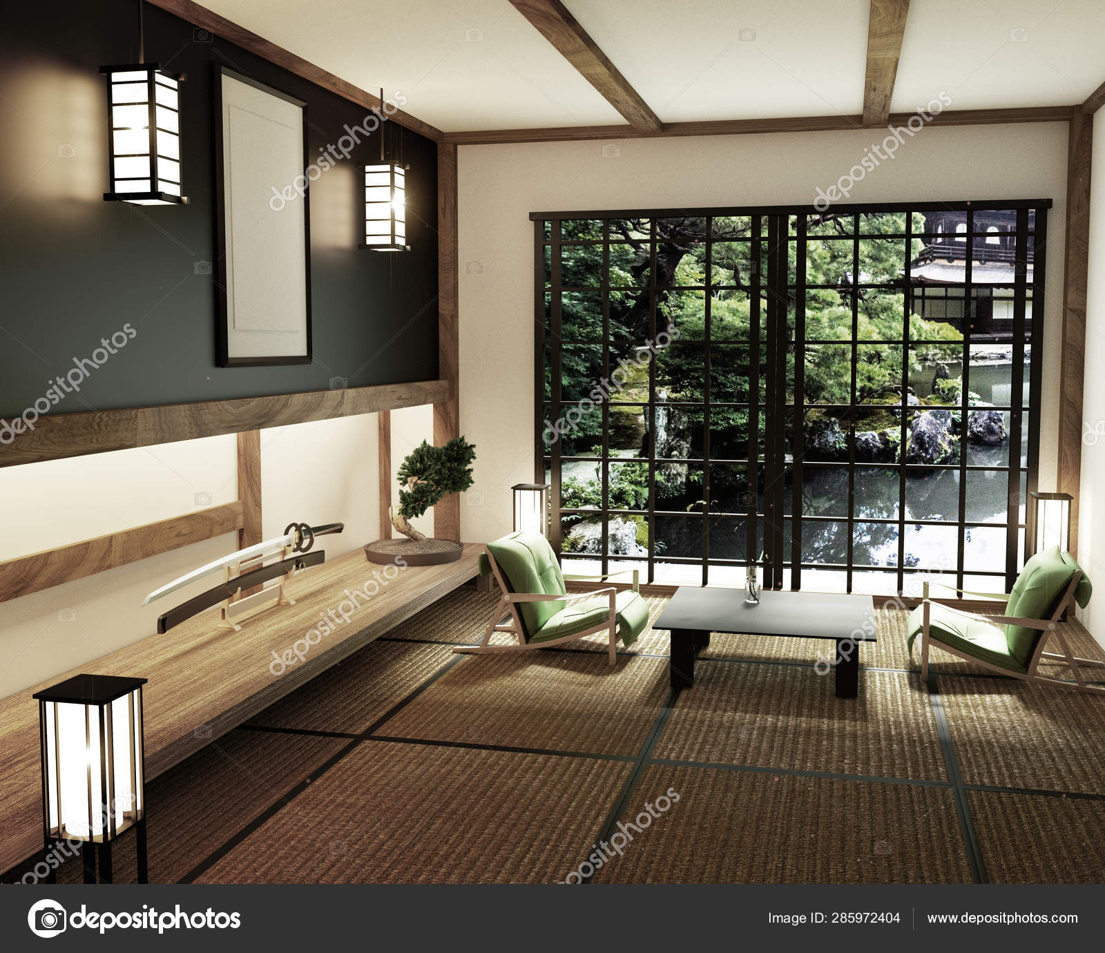 Interior design,modern living room with table katana sword lamp ...