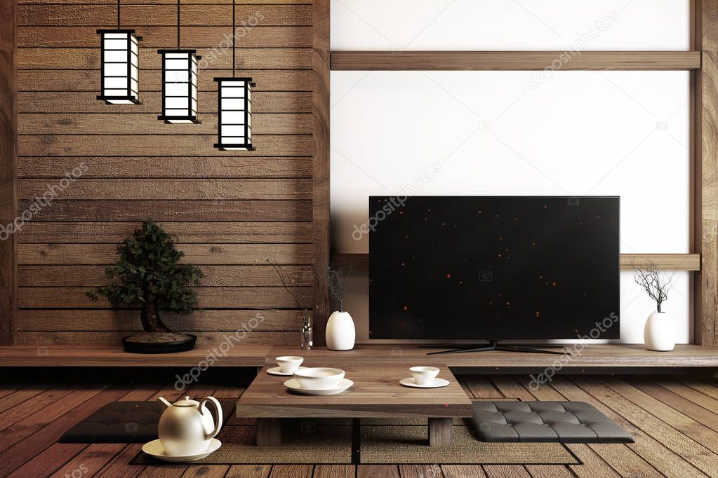 TV Japan - Smart TV on table in room Japanese style with lamp an