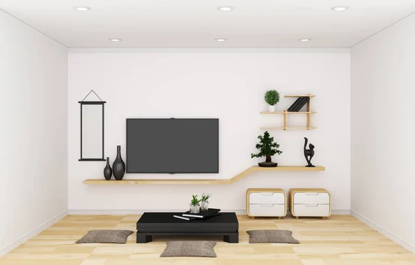 TV i modern vit tomt rum och dekoration japansk stil. 3d — Stockfoto