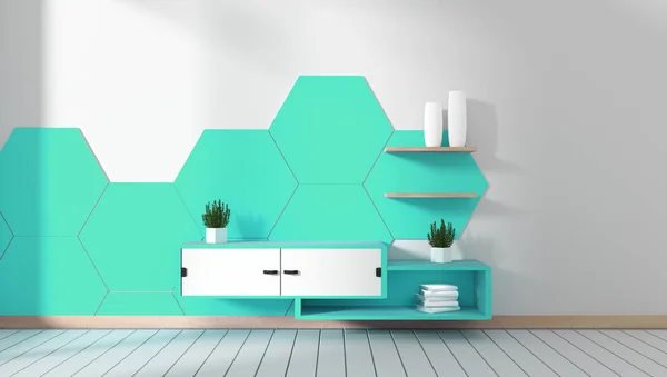 Tv cabinet in room mint hexagon tile minimal designs, zen style.