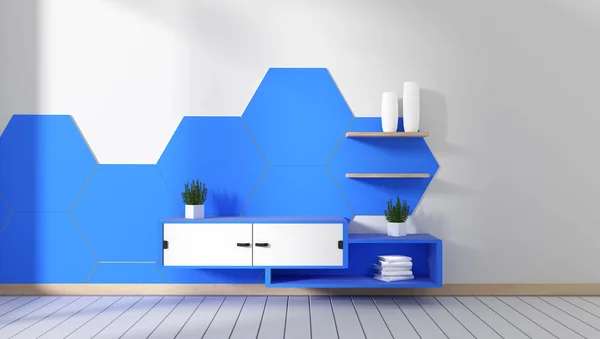 Meuble TV dans la pièce carrelage hexagonal bleu dessins minimes, style zen . — Photo