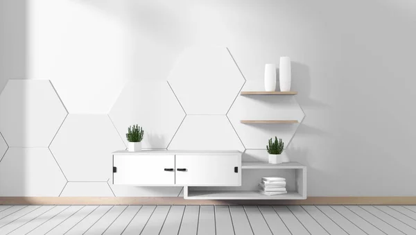 Tv cabinet in room white hexagon tile minimal designs, zen style