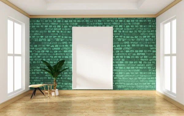 인테리어 디자인 빈 방 녹색 벽돌 벽과 나무 바닥 moc — 스톡 사진