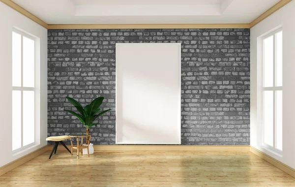 Design interior sala vazia parede de tijolo cinza e piso de madeira zombaria — Fotografia de Stock