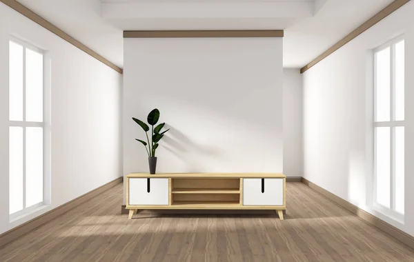 Návrh skříňky, moderní obývací pokoj s bílou stěnou na bílém dřevě — Stock fotografie