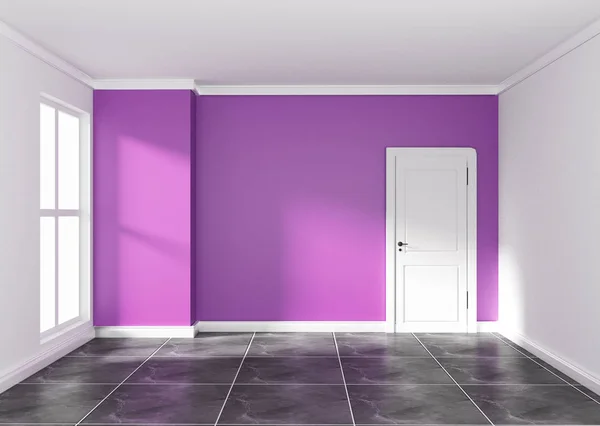 Empty room with purple wall on black granite floor. 3D rendering