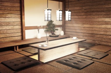 mock up - Lamba, ahşap masa dekorasyonu ve bon ile oturma odası