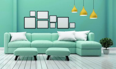 Minimal tasarımlar, kanepe bitkileri ve lamba ile oturma odası iç 