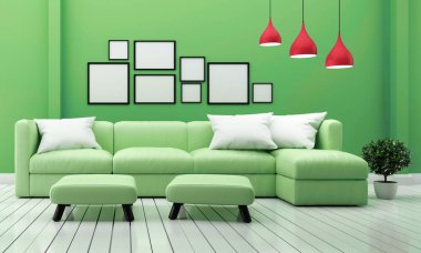Minimal tasarımlar, kanepe bitkileri ve lamba ile oturma odası iç 