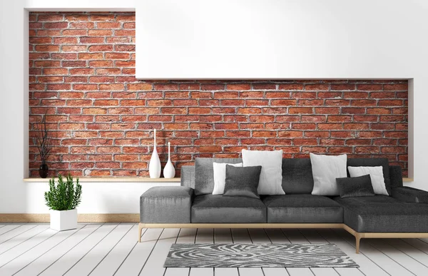 Soggiorno soppalco interno con divano e parete modello mattone in wh — Foto Stock
