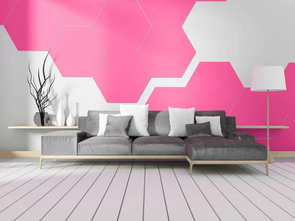 Quarto com sofá e parede de azulejo branco hexagonal. Renderização 3D — Fotografia de Stock