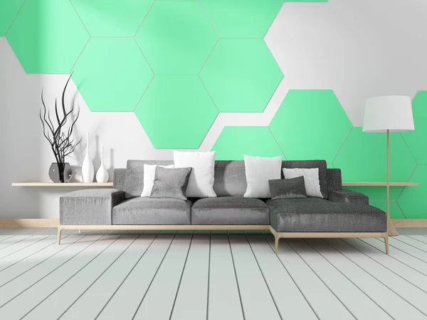 Zimmer mit Sofa und mint sechseckige Fliesenwand. 3D-Darstellung — Stockfoto