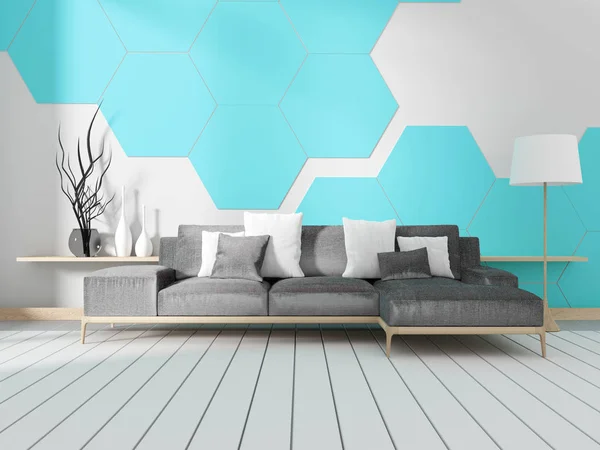 Zimmer mit Sofa und weißer sechseckiger Fliesenwand. 3D-Renderin — Stockfoto