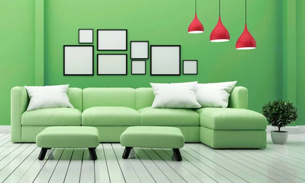 Minimal design, vardagsrum interiör med soffa växter och lampa — Stockfoto