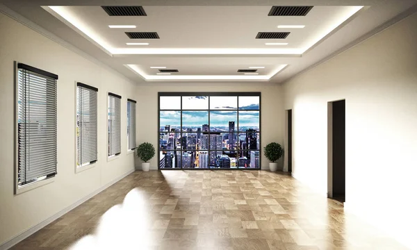 Ahşap zemin üzerinde modern tarzda Ofis, şehir manzarası. 3d Rendering