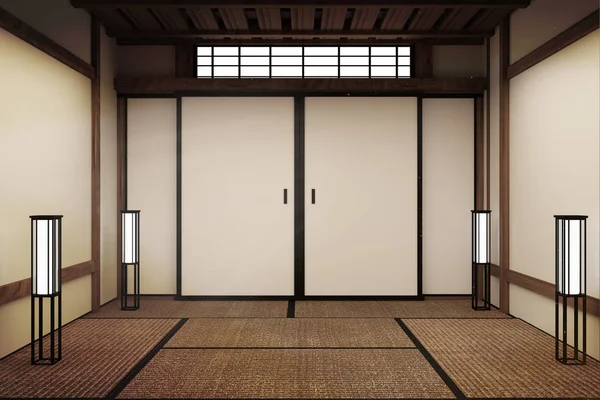 Πόρτα και χαλί τατάμι στον τοίχο άδειο φόντο ιαπωνικό στυλ. 3d — Φωτογραφία Αρχείου