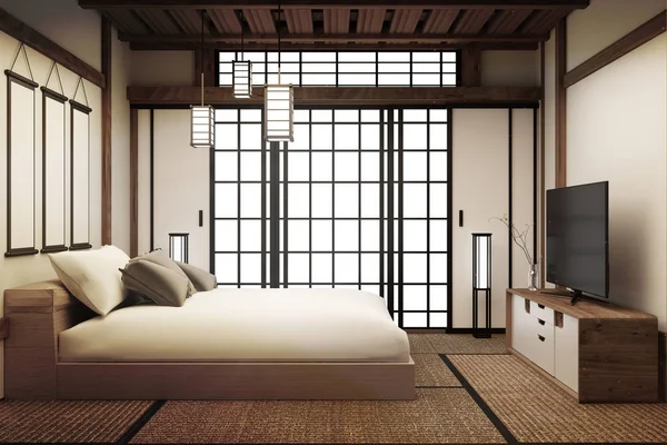 Dormitorio, dormitorio japonés interior tiene lámpara y Smart TV. 3D r —  Fotos de Stock