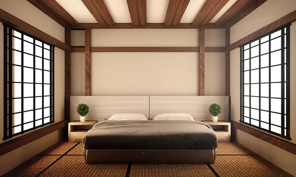 Ruang tidur asli Desain interior gaya Jepang. Rendering 3d — Stok Foto