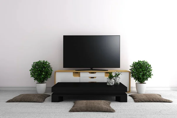 TV en el interior de la habitación vacía blanca moderna diseños mínimos - Japanes — Foto de Stock