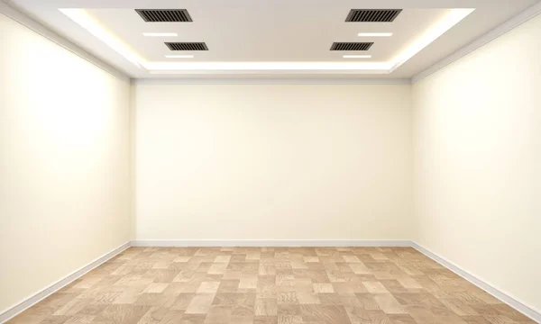 Tom rum interiör med trägolv på vit vägg bakgrund. — Stockfoto
