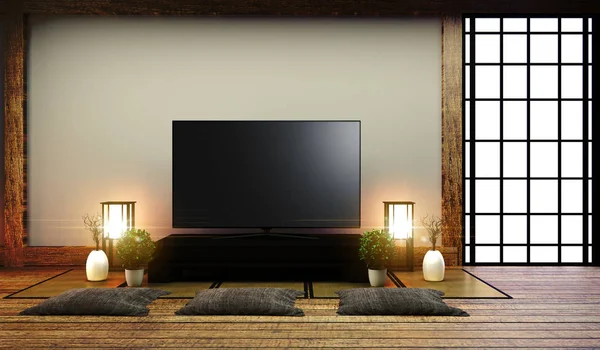 TV Japón - Smart TV en la mesa en la habitación de estilo japonés con lámpara y — Foto de Stock