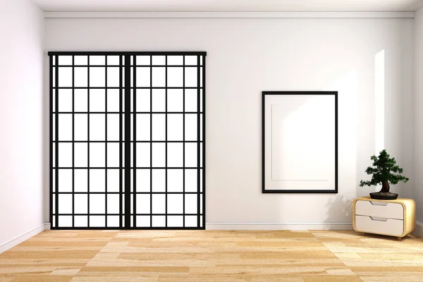 Japanese room - Empty room with bonsai tree on wooden floor, whi