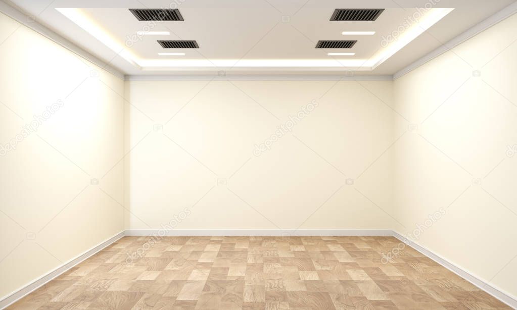 empty room interior with wooden floor on white wall background. 
