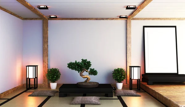 Sala de estar japonesa com lâmpada, quadro, mesa baixa preta e bonsa — Fotografia de Stock