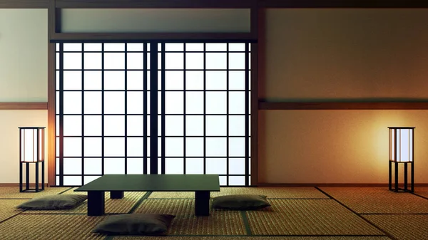 Design de interiores japonês, sala de estar moderna com mesa e decoração — Fotografia de Stock
