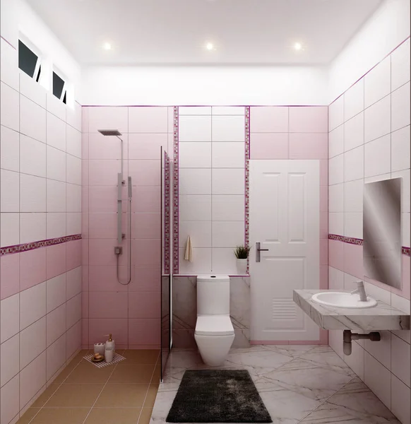 Bright banheiro Design telhas rosa estilo moderno. Renderização 3D — Fotografia de Stock