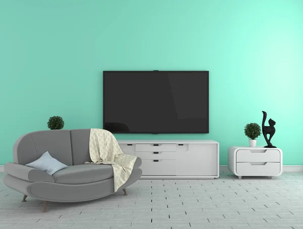 キャビネット上のテレビ - ミントの壁の背景にモダンなリビングルーム - — ストック写真