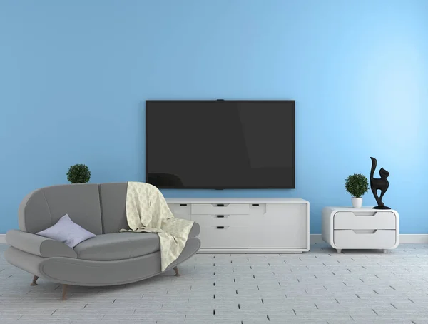 Televizor na skříni-moderní obývací pokoj na pozadí modré zdi - — Stock fotografie