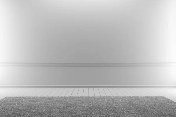 Bílý koberec v bílé dřevěné podlaze na bílém prázdném pokoji. 3D Ren — Stock fotografie