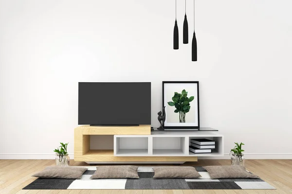 Smart TV en el interior de la habitación vacía blanca moderna diseños mínimos. 3d — Foto de Stock