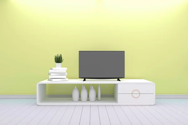Smart tv - mock up - Konzept Wohnzimmer weißer Stil - gelb mo — Stockfoto