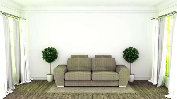 Modern interior room with sofa and green plants in white room,3d
