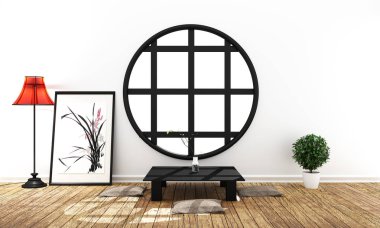 Oturma odası iç, Japon tarzı. 3d render