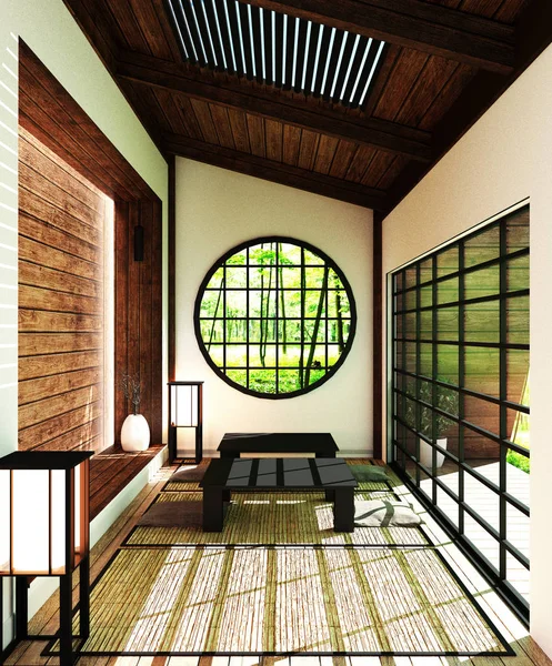 Salle Japon - salon moderne avec fenêtres, porte, table et fl — Photo