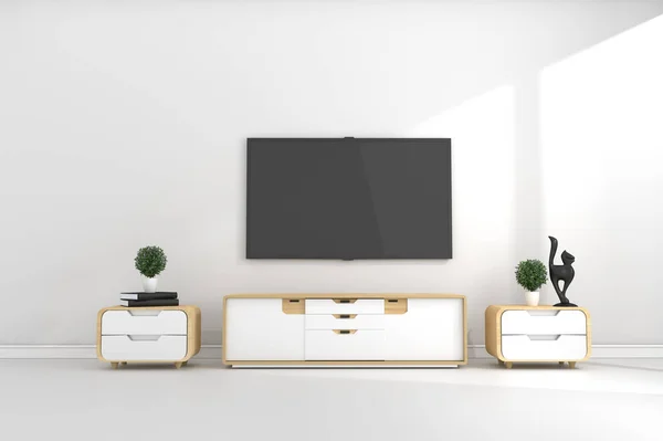 Smart TV in moderne witte lege kamer interieur minimale ontwerpen. 3d — Stockfoto