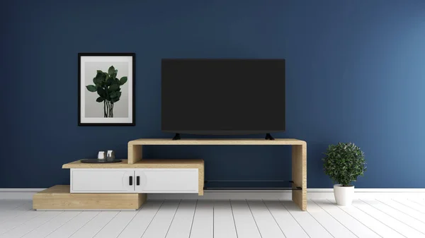 스마트 TV 모형 에 어두운 파란색 벽에 열대 방 인테리어 — 스톡 사진