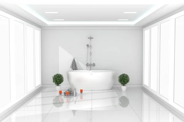 Hermoso interior de la habitación luminosa - Baño blanco moderno - blanco e — Foto de Stock