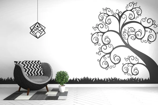 Modern art room with armchair and carpet and plants on graphic w