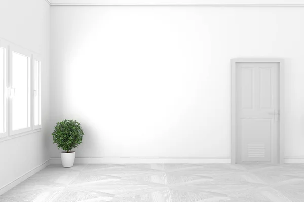 Prázdný bílý koncept-nádherný pokoj-bílé dveře a okno des — Stock fotografie