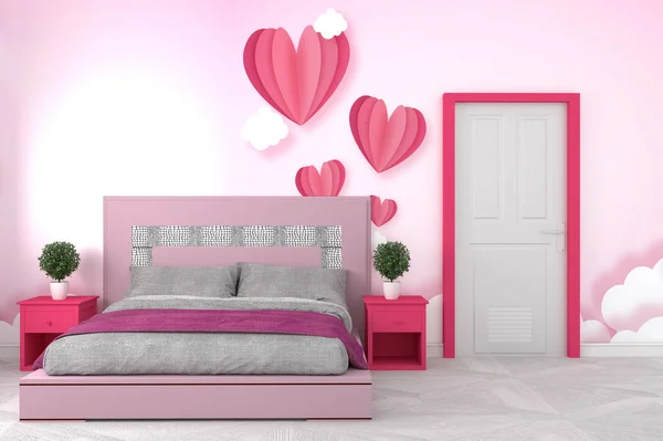 침대 방 인테리어 - 아름다운 방 핑크 스타일, 핑크 벽 그래픽 — 스톡 사진