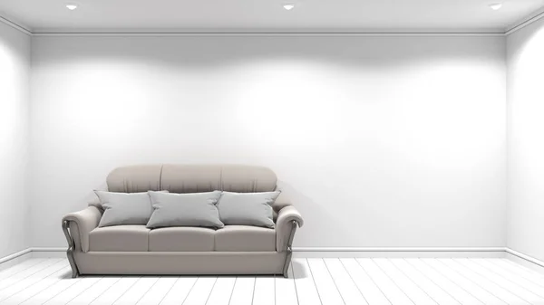 Pusty pokój, wnętrze z sofą na pustym białym tle ściany. 3 — Zdjęcie stockowe